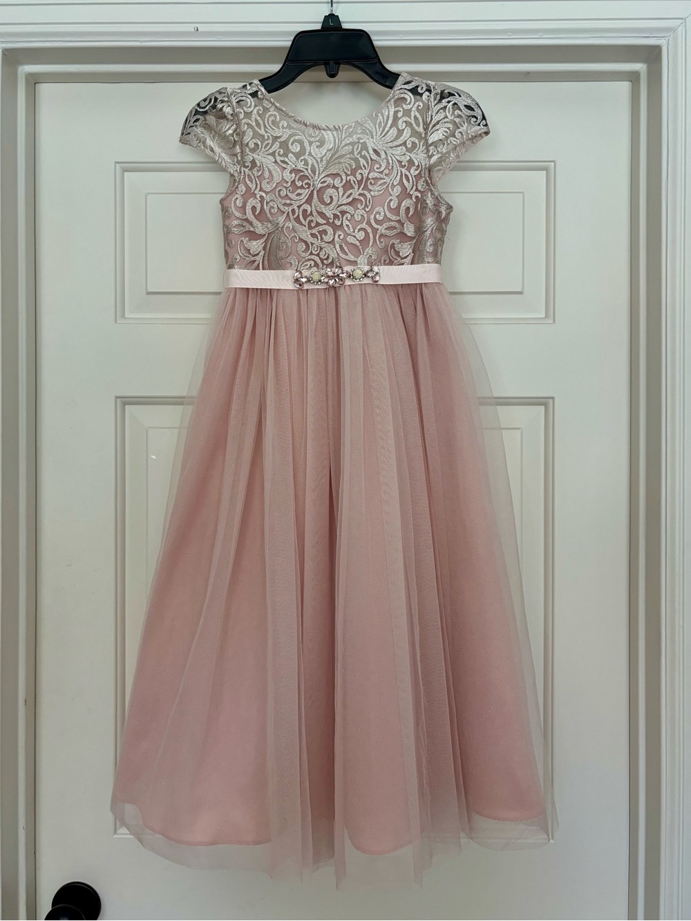 Rare Editions Dusty Pink Lace & Tulle Formal Dress with Satin Bow